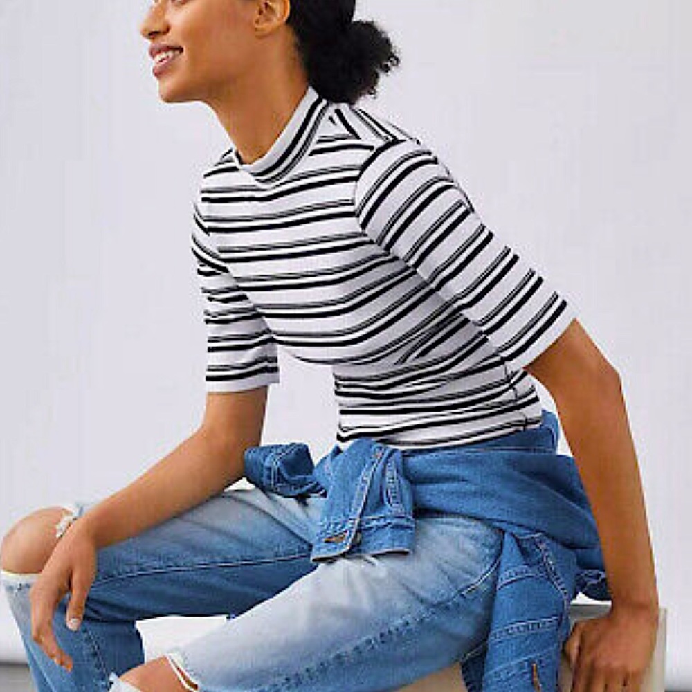 MAEVE - Striped Mock Neck Knit Top